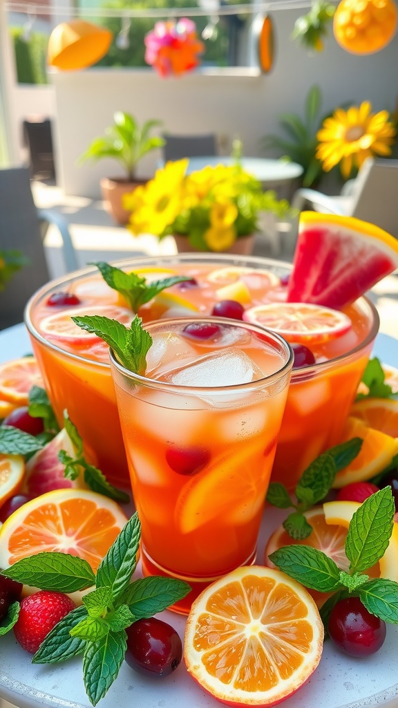 Tropical Rum Punch for Your Summer Gatherings A colorful bowl of tropical rum punch with fresh fruit and mint, ideal for summer gatherings.
